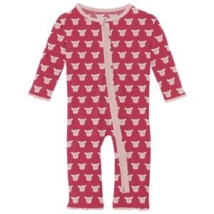 NEW KICKEE girl's bamboo print muffin ruffle coverall with 2 way zipper in cherr